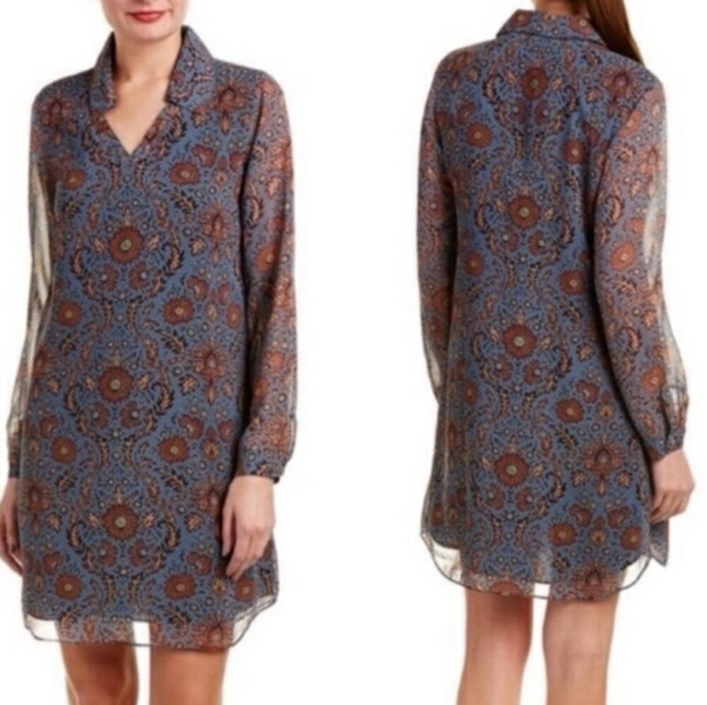 Cabi Floral Long Sleeve Shift Dress XS Blue Brown Boho Collared Style 3285